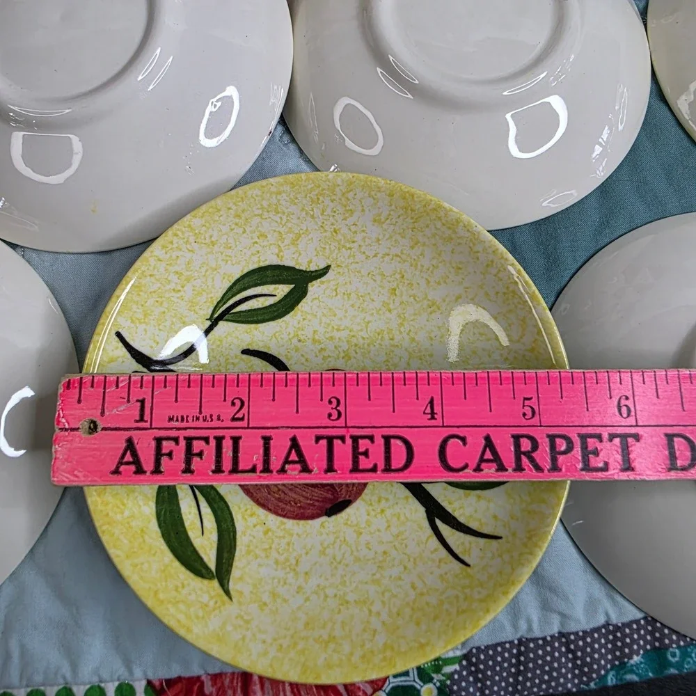 Vintage Mid Century Modern Apple Pattern Yellow Speckled Ceramic Small Plates x8
